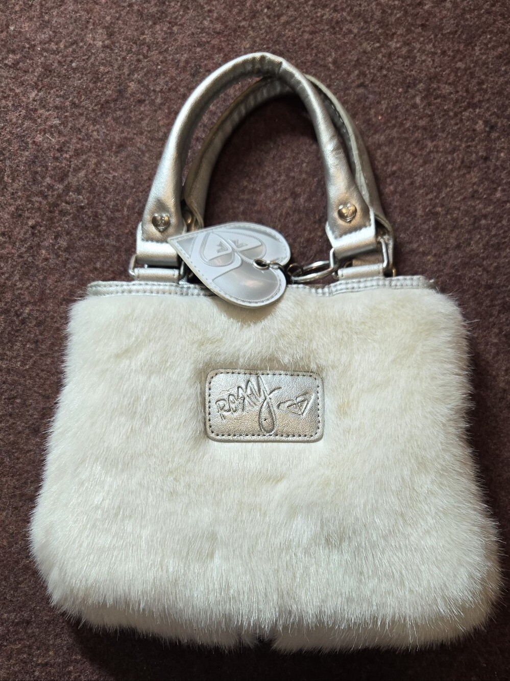 1999 Roxy White Faux Fur Purse with Metallic Color Handles Hangtag Y2k Vintage